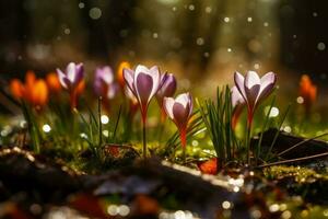 groep van Purper bloemen zittend Aan top van weelderig groen veld- van gras. generatief ai foto