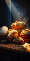 stapel van brood zittend Aan top van houten tafel De volgende naar brood van brood. generatief ai foto