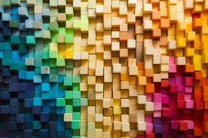veelkleurig muur gemaakt omhoog van blokken van verschillend maten en kleuren. generatief ai foto