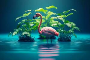roze flamingo staand in de midden- van lichaam van water omringd door planten. generatief ai foto