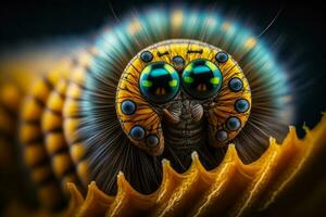 dichtbij omhoog van insecten hoofd met blauw en geel ogen. generatief ai foto