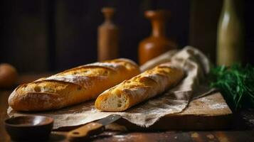 twee broden van brood zittend Aan top van tafel De volgende naar mes. generatief ai foto