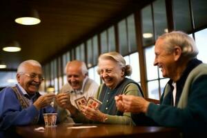 groep van glimlachen senior vrienden uitgeven tijd samen zittend in de park generatief ai foto