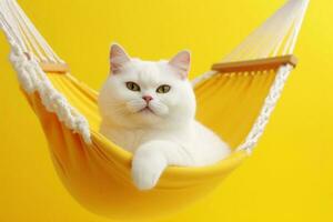 portret van mooi wit kat met zonnebril Aan geel kleding stof hangmat geïsoleerd Aan geel achtergrond generatief ai foto