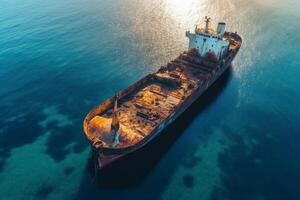 top visie van zinkend tanker schot door drone. omgekeerd tanker vernield Aan zwart zee kust van Odessa. leeg tanker leunde naar een kant en liep aan de grond door gedurende storm met sterk wind. generatief ai foto