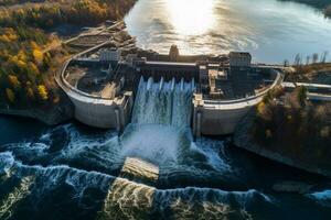 antenne panoramisch visie van beton dam Bij reservoir met vloeiende water, waterkracht macht station, dar schot. foto