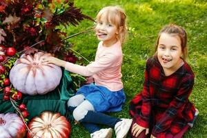 weinig meisjes aan het liegen en spelen in park. herfst portret van schattig meisje. oogst of dankzegging. herfst decor, partij, picknick. foto