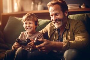 blij vader en zoon met joysticks spelen video spellen Bij huis, jongen afleidend vader met hand- generatief ai foto