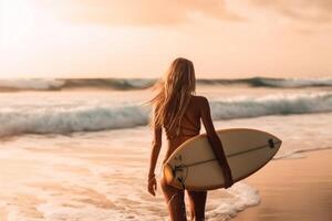 surfen meisje Bij de zonsondergang generatief ai foto