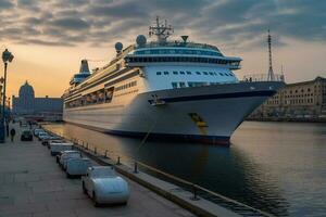 reis schip Bij zonsopkomst in de haven van las palmas de oma kanarie, kanarie eilanden, Spanje generatief ai foto