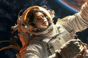 astronaut Bij ruimtewandeling, aarde baan. elementen van deze beeld gemeubileerd generatief ai foto