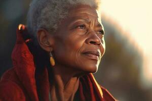 een contemplatief zwart senior vrouw sluitend ogen in meditatie generatief ai foto