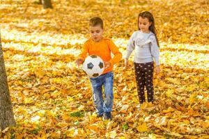 van weinig jongen met een bal spelen voetballend in de herfst park foto