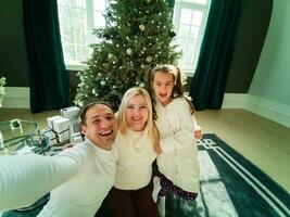 portret van vriendelijk familie Aan Kerstmis avond foto