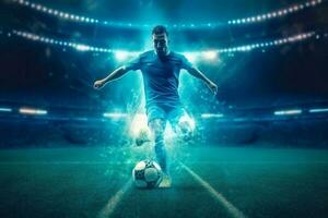 Amerikaans voetbal speler met bal in de stadion, 3d renderen generatief ai foto