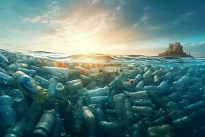 plastic flessen zinkend in naar de oceaan. milieu vervuiling concept. wereld ocaens dag generatief ai foto