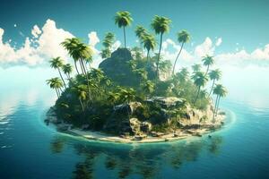3d illustratie blauw tropisch achtergrond van de zee in zomer wazig met palm bladeren en zonneschijn. zee en lucht met wit wolken zomer vakantie generatief ai foto