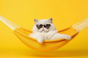 grappig wit kat in zonnebril leugens Aan een kleding stof hangmat Aan een geel achtergrond. generatief ai foto