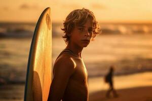 zelfverzekerd jongen draag- surfboard terwijl staand Bij kust in zonsondergang generatief ai foto