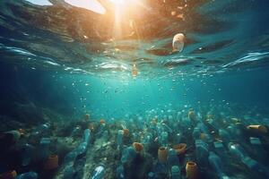 plastic flessen zinkend in naar de oceaan. milieu vervuiling concept. wereld ocaens dag generatief ai foto