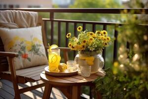 balkon zitplaatsen voor ontspanning. tafel met eigengemaakt limonade, trossen van kruiden en wild bloemen. generatief ai foto