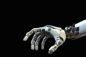 visie van een cyborg robot hand- Aan een stad achtergrond 3d renderen generatief ai foto