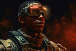 detailopname van een soldaat gebruik makend van high Tech zonnebril met holografische Scherm foto