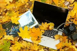 laptop en fotoboek in herfst park foto