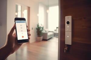 slim digitaal tintje scherm keypad toegang door binnengaan voorbij gaan aan code digitaal deur handvatten Aan hout deur hotel of appartement deur, toekomst modern veiligheid veiligheid technologie meer veilig beveiligen generatief ai foto