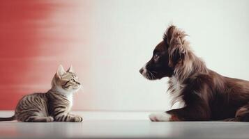 hond en kat, schattig huisdieren. web banier met kopiëren ruimte. generatief ai foto