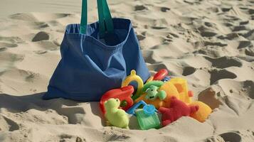 een strand zak met zand speelgoed. generatief ai foto