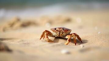 een strand tafereel met een krab kruipen Aan de zand. generatief ai foto