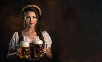 mooi serveerster vervelend traditioneel dirndl en houden bier mokken geïsoleerd Aan donker bruin. generatief ai foto