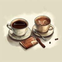 twee porselein cups met thee en koffie en een theelepel. waterverf illustratie koffie voor poster, ansichtkaart, huis goederen decor. de concept van kiezen thee of koffie. ai gegenereerd foto