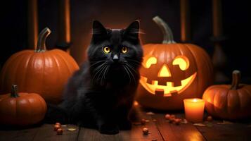 halloween schattig zwart kat en pompoen lantaarns. ai gegenereerd beeld foto