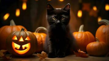 halloween schattig zwart kat en pompoen lantaarns. ai gegenereerd beeld foto