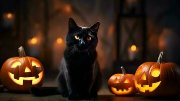 halloween schattig zwart kat en pompoen lantaarns. ai gegenereerd beeld foto