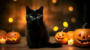 halloween schattig zwart kat en pompoen lantaarns. ai gegenereerd beeld foto