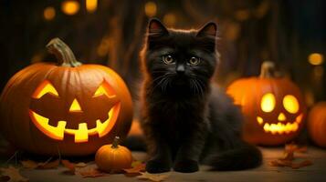 halloween schattig zwart kat en pompoen lantaarns. ai gegenereerd beeld foto