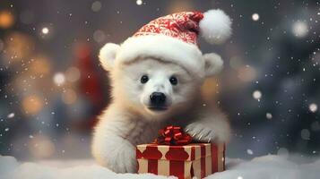 super schattig wit polair beer in de kerstman hoed met geschenkdoos. ai gegenereerd beeld foto