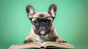 schattig Frans bulldog leerling vervelend bril, met stapel van boeken. ai gegenereerd afbeelding. foto