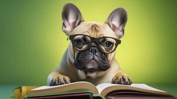 schattig Frans bulldog leerling vervelend bril, met stapel van boeken. ai gegenereerd afbeelding. foto