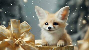 super schattig fennec vos met Kerstmis geschenkdoos. ai gegenereerd beeld foto