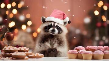 super schattig wasbeer chef maken Kerstmis peperkoek koekjes. ai gegenereerd beeld foto