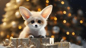 super schattig fennec vos met Kerstmis geschenkdoos. ai gegenereerd beeld foto