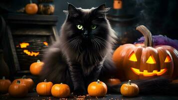 halloween schattig zwart kat en pompoen lantaarns. ai gegenereerd beeld foto