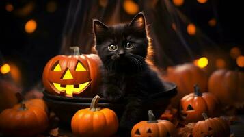 halloween schattig zwart kat en pompoen lantaarns. ai gegenereerd beeld foto