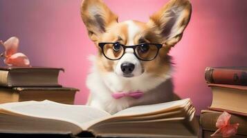schattig corgi hond professor met stapel van boeken Aan roze achtergrond. ai gegenereerd afbeelding. foto