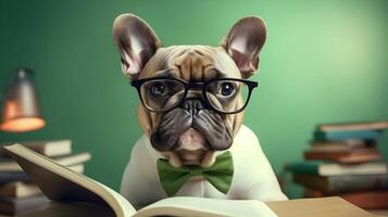 schattig Frans bulldog professor vervelend bril met stapel van boeken. ai gegenereerd afbeelding. foto