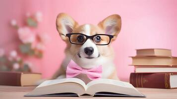 schattig corgi hond professor met stapel van boeken Aan roze achtergrond. ai gegenereerd afbeelding. foto